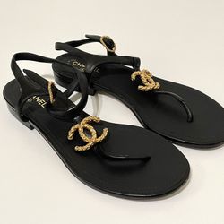 CHANEL Sandals Gold Embossed Black Leather T Strap Size 36 With Dust Bags Authentic