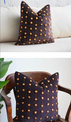 Velvet brown Pillow Cover with Pom Poms 2pcs
