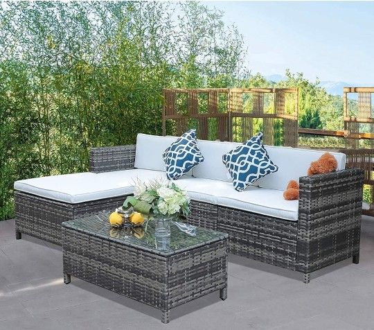 5pc Gray Wicker With Cream Color Sectional Patio Outdoor furniture Set New