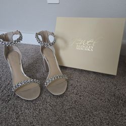 Jewel Badgley Mischka Rhinestone Block Heel Sandals – Nude/Champagne – Women's 8.5