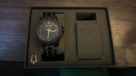 BULOVA 98B426 Crystal Accented Date Black Dial Stainless Steel Band Men's Watch
