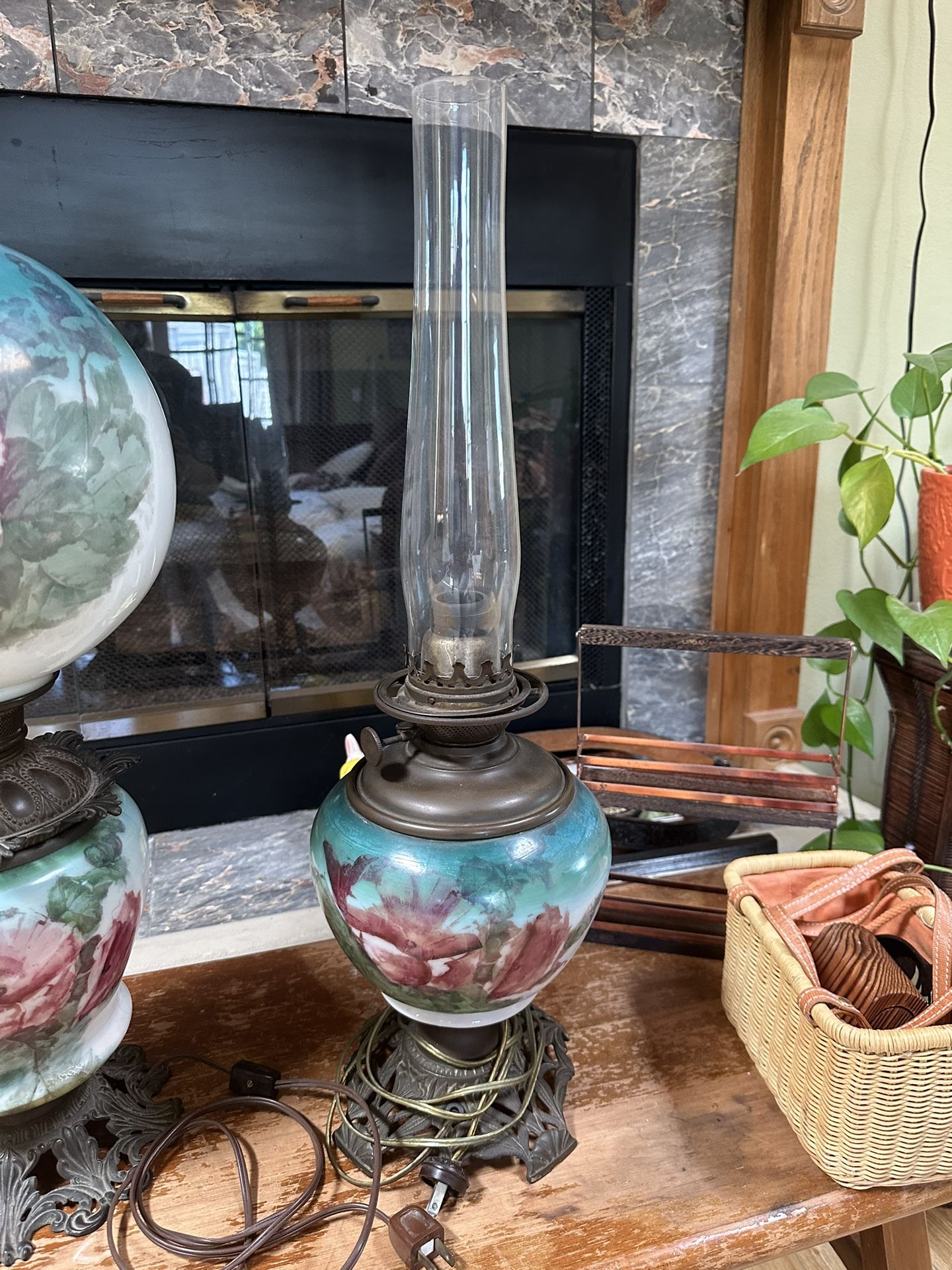 Antique Victorian Hand Painted Floral Electrified Hurricane Oil Lamp Brass Base