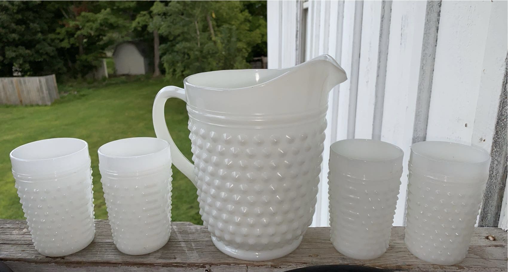 Vintage Harbor Anchor Hocking Hobnail Milk Glass Pitcher Set