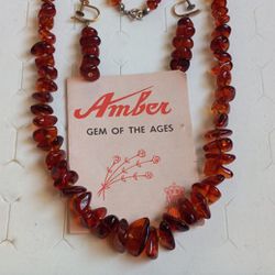 Vintage Genuine Amber Bead Beaded 24-in Necklace And Earrings