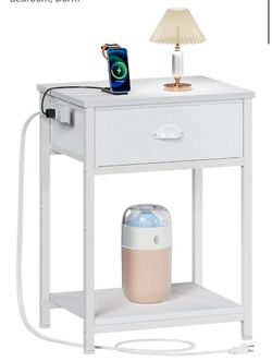 Generic White Nightstand with Charging Station, Small Bed Side Table with Fabric Drawer for Small Spaces, 2 Tiers Storage Shelves End Table for Living