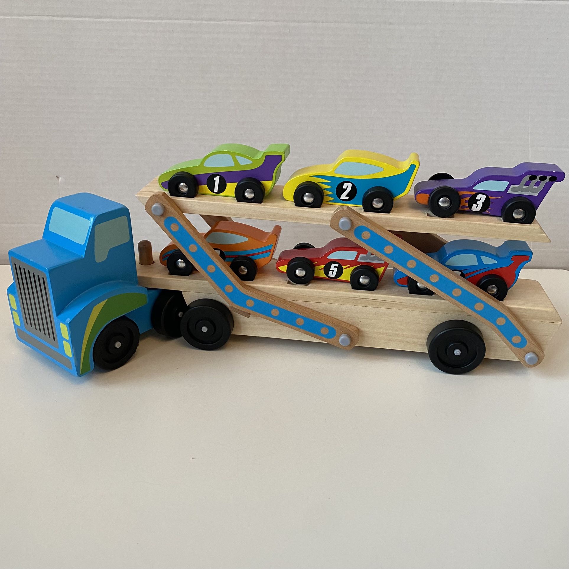 Melissa and Doug Wood Mega Race Car Carrier Tow Truck | Toddler Preschooler Kids