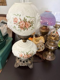 Vintage Milk Glass Gone With the Wind Lamp - Pink Roses & 3D Elegance (22" Tall! & 30"Width!)