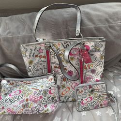 Coach Bandana Graffiti Handbag Wristlet Tote Set