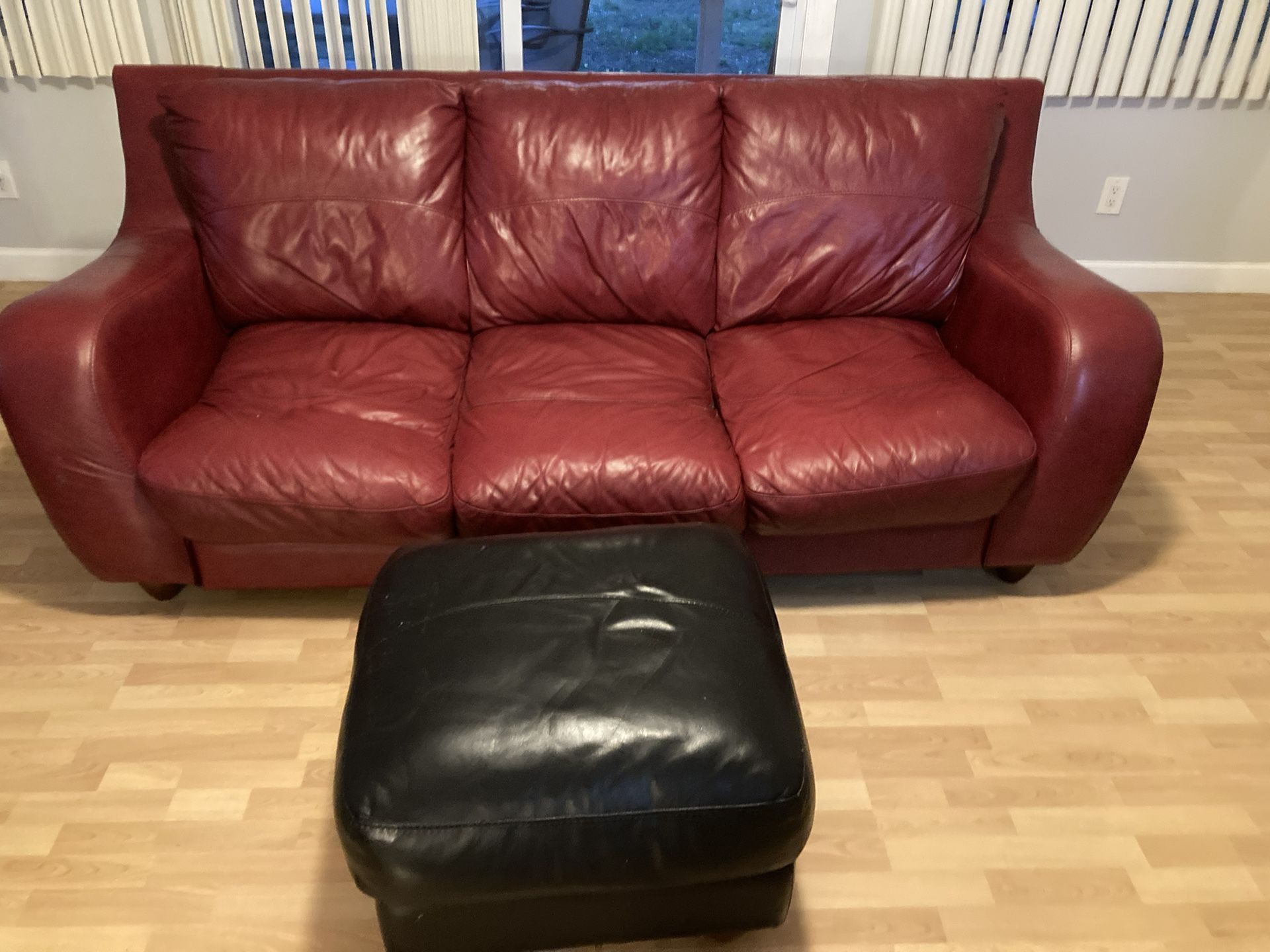3 Piece Red Leather Couch With Black Ottoman 