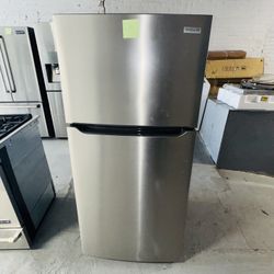Frigidaire stainless steel refrigerator, 30" x 67" x 28"; includes a receipt for a 90-day warranty.