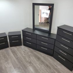 Black Dresser With Mirror,  Chest And Two Nightstands 💎 Cómoda Con Espejo,  Gavetero Y Dos Mesitas De Noche Negro 
