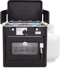 Outdoor Gas Camping Oven | CSA Approved Portable Propane-Powered 2-Burner Stove & Auto Ignition, Overheat Safety Shutoff, Built-In Thermom