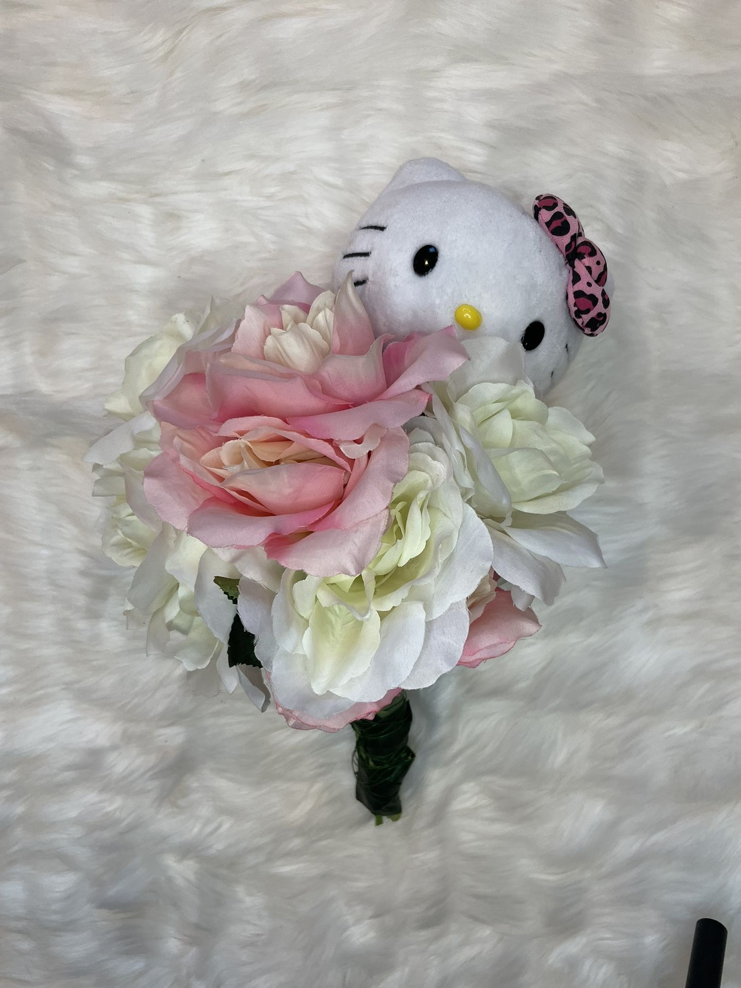 Handmade Hello Kitty Wedding or Display Flower Bouquet Plush With Silk Flowers