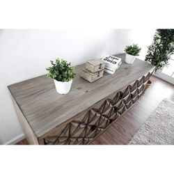 FARMHOUSE VIBE WEATHERED LIGHT OAK FINISH WOOD INLAY DESIGN HALL CONSOLE TABLE CABINET STORAGE TV MEDIA STAND CREDENZA SERVER