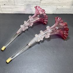 Pair Victorian Cranberry Ruffle Glass Epergne Horns~Trumpet~Regaree~10.5"