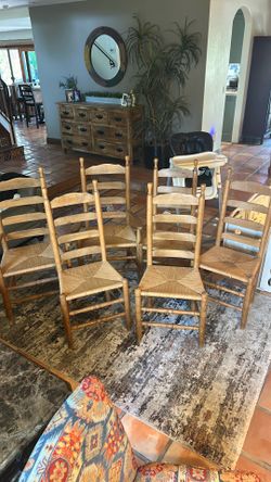 Set of six solid wood, rush, seat, ladder back farmhouse, dining chairs