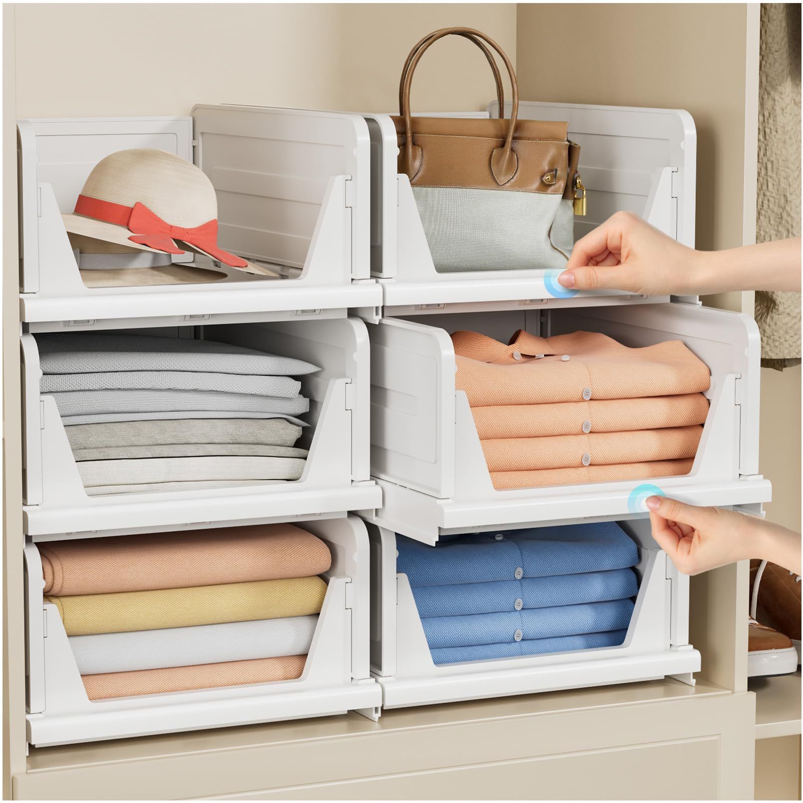 6 Pack Folding Closet Organizers Storage Box, Stackable Plastic Storage Basket, Closet Organizers And Storage Drawer Shelf Storage, Storage Container