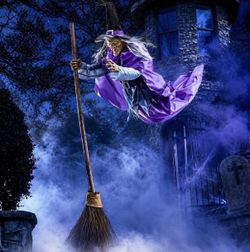 Assembled Home Depot Halloween 12 ft Animated LED Hovering Witch on a Broom Lawn Decor