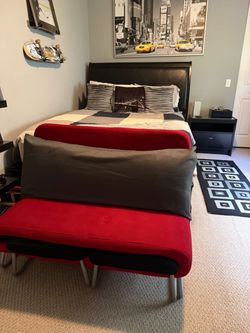 Red and Black Futon Sofa with Ottoman Set