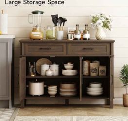 Buffet Cabinet with Storage, Farmhouse Sideboard Buffet w/2 Drawers and 3 Doors, Wood Coffee Bar Cabinet with Adjustable Shelves, Sideboard Storage fo