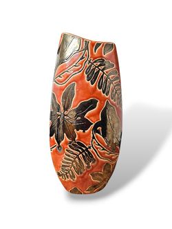 Vintage Napco Floral Ceramic Vase MCM Glazed 18" Tall Amazing Orange Art Deco 