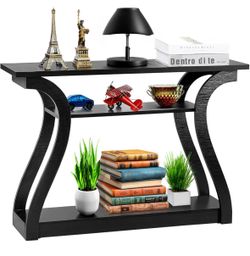 Wood Console Table 3 Tier Narrow Entryway Table with Curved Frame and 2 Open Storage Shelves Accent Sofa Table for Hallway Living Room Bedroom, 47 in 