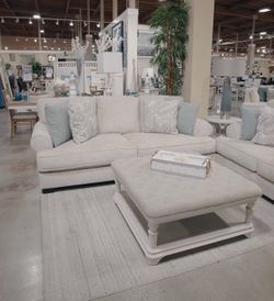 Cream Fabric Sectional Sofa with Ottoman