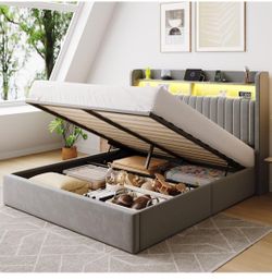 Read Description ↙️Queen Size LED Lift Up Storage Bed Frame Charging Station, Grey