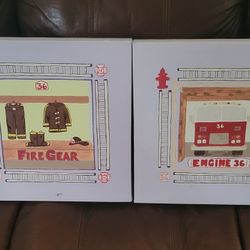 4 Firetruck Canvas Wall Hangings  Boys Kids Wall Decor 16" X 16"