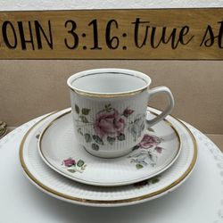 3 Piece Staffordshire tea cup and  saucer set, known as the "Rose Mist" 