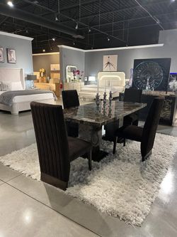 Sleek brown marble look dining set w/chanel tufted dining chairs