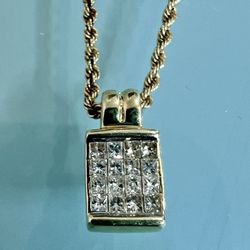 💎 14kt Yellow Gold, 1.00ct Princess Cut Diamond Pendant/Chain 9.7 Grams