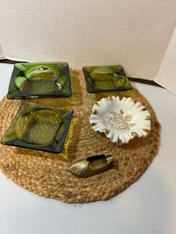 Vtg Ashtray Collection-Emerald Glass, Porcelain Limoges, Brass Aladdin Slipper-Set of 5-$80 CASH