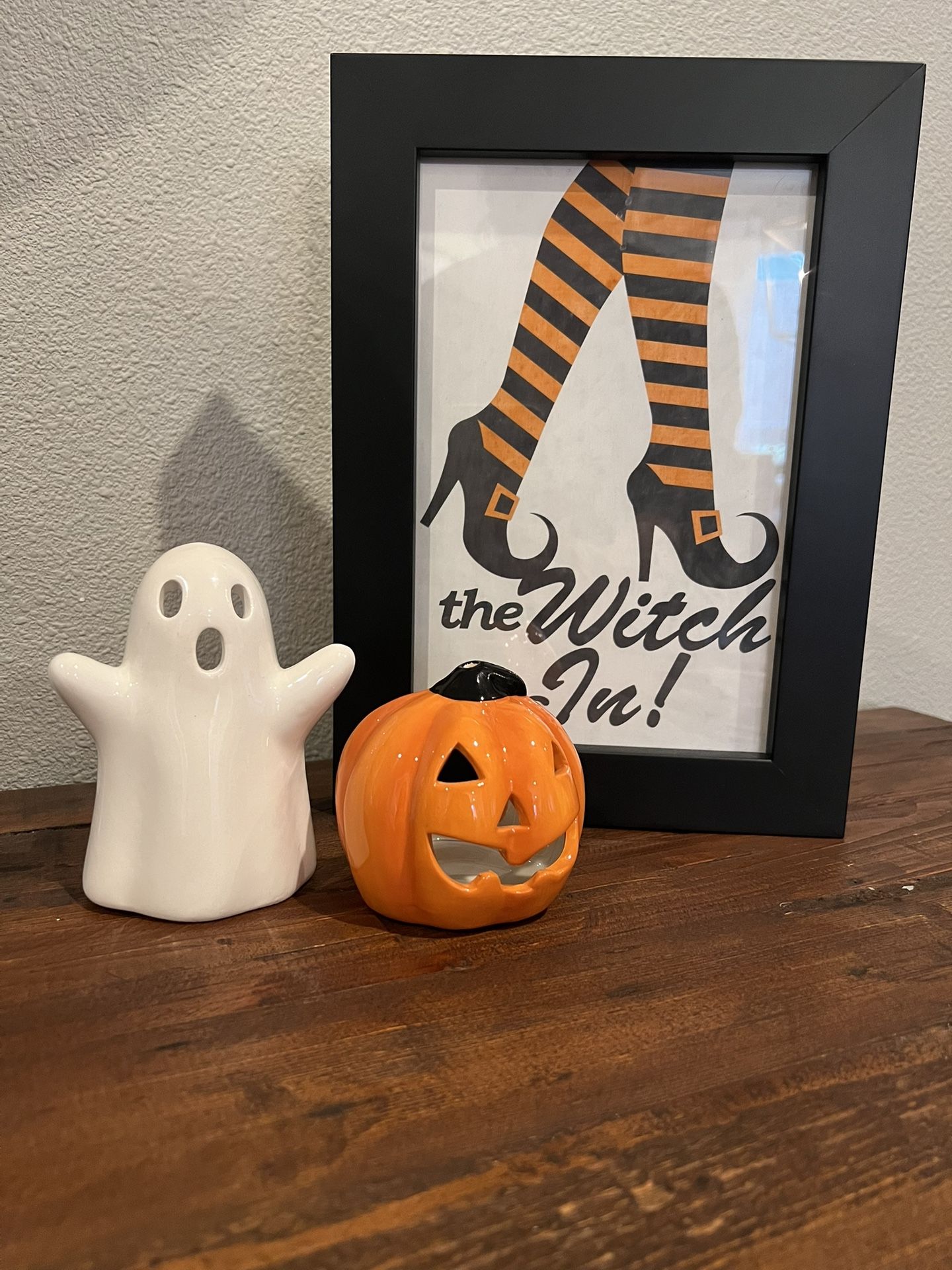 Pottery Barn “ The Witch Is In “ Framed Art And 2 Halloween Votive Holders