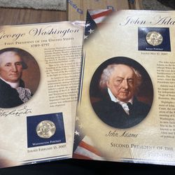 GEORGE WASHINGTON and John Adams  Presidential Dollar Coin Uncirculated on card with 2 stamps