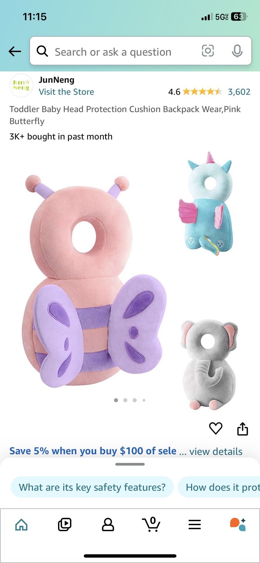 Toddler Baby Head Protection Cushion Backpack Wear, Pink Butterfly