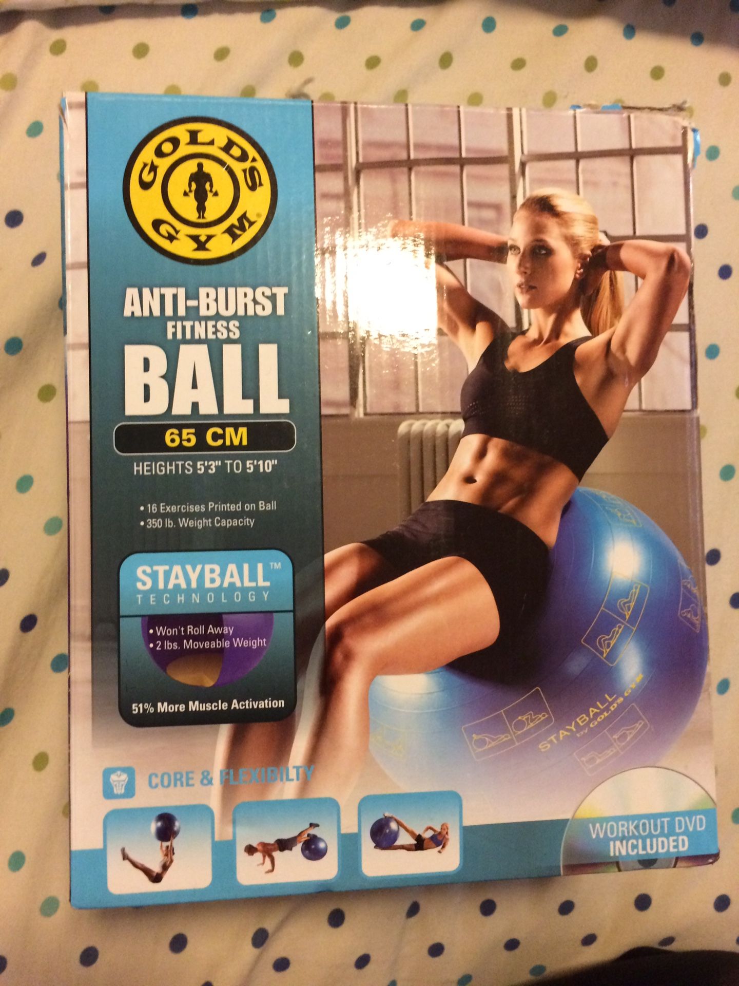 Stay Ball By Golds Gym Anti-Burst Fitness Ball (65cm Heights 5'3" To 5'10") 16 Exercises Printed On Ball 350Lb capacity Brand new In box