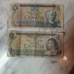 1973 Canadian dollar & 1979 five dollar Canadian.