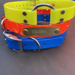23” Dog Collars With a D ring at the buckle and a O-ring in the center of the collar comes with free nameplate