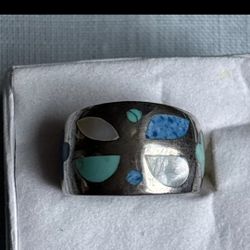 925 NF Sterling Silver Vintage Inlaid Butterfly Flower Turquoise Ring Size 8