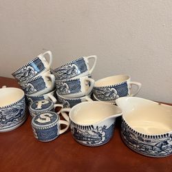 Exquisite Currier and Ives by Royal 40 Piece U.S.A made China Plates, bowls & Cup Set