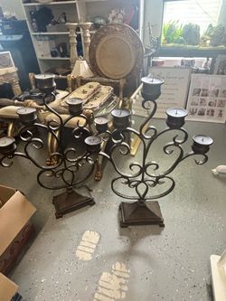 Decorative Pair of Brown Metal 5-Arm Candle Holder Candelabra