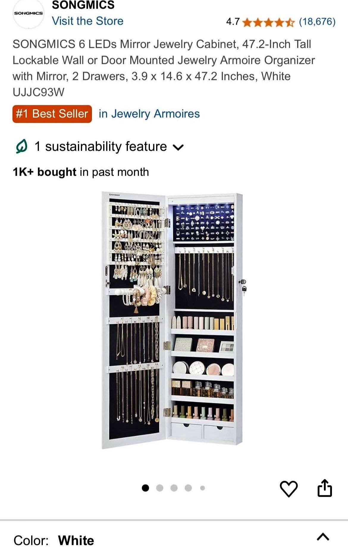 SONGMICS 6 LEDs Mirror Jewelry Cabinet, 47.2-Inch Tall Lockable Wall or Door Mounted Jewelry Armoire