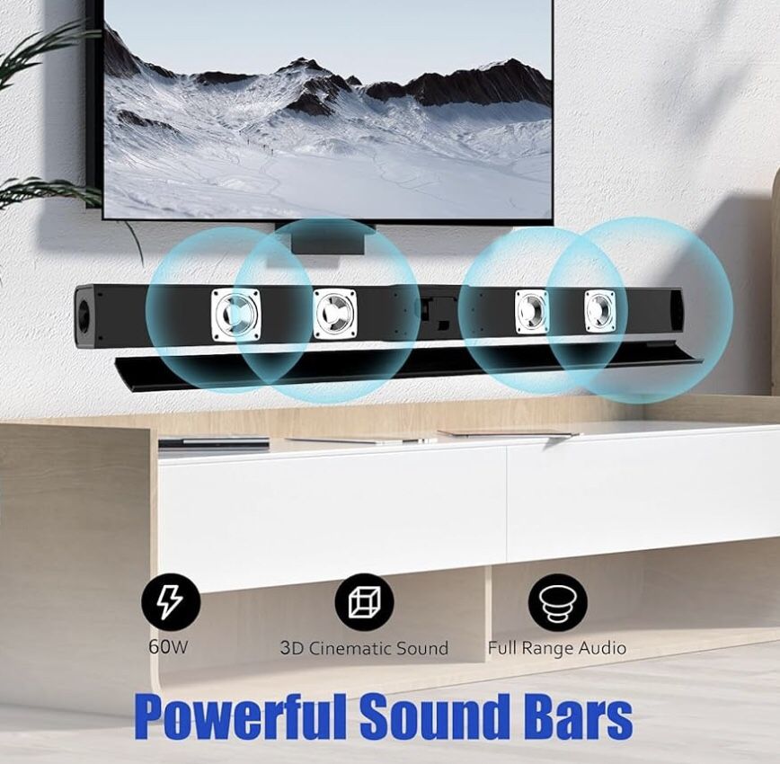 Sound Bar, Soundbar for TV 60W Powerful HD HiFi Stereo Sound Soundbars Bluetooh 5.0 Wireless Control with ARC AUX Opt