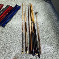 Complete Pool Table Accessory Lot – 7 Cues, 2 Ball Sets, Cases & More