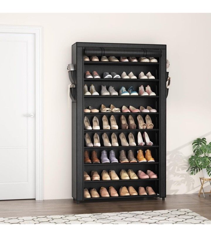 Shoe Rack with Covers - 10 Tiers Tall Shoe Rack Organizer Large Capacity Shoe Shelf Storage 40 Pairs Space Saving Vertical Shoe Storage Organizer