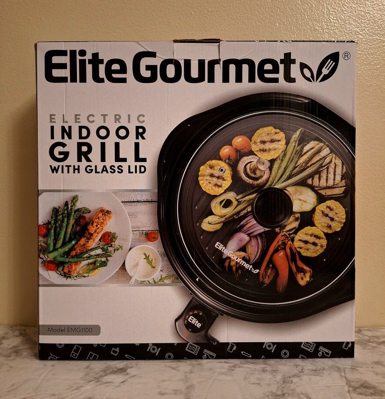 ELITE GOURMET ELECTRIC INDOOR GRILL WITH GLASS LID 
