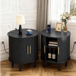 19.7 in. L x 15.8 in. W x 23.6 in. H Black Nightstand, End Table with 2-Adjustable Shelf and Sliding Door (Set of 2