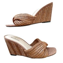 Rene Christine Brown Woven Slip On Wedges High Heeled Sandals Knot Front 7.5