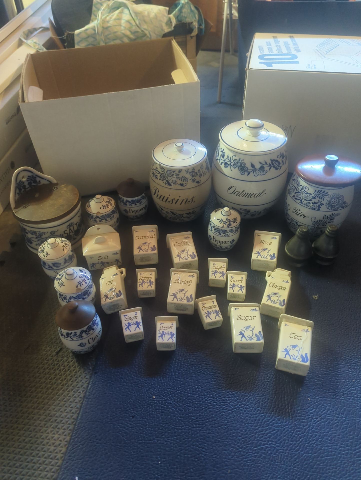 antique blue and white spice jars